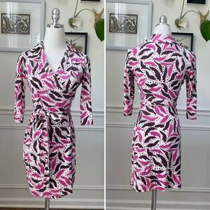 Diane Von Furstenberg Wrap Dress Feathered Leaves Pink Brown Silk 2